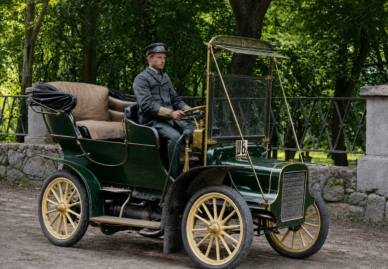 Restored and colorized historical photograph of an old Cadillac