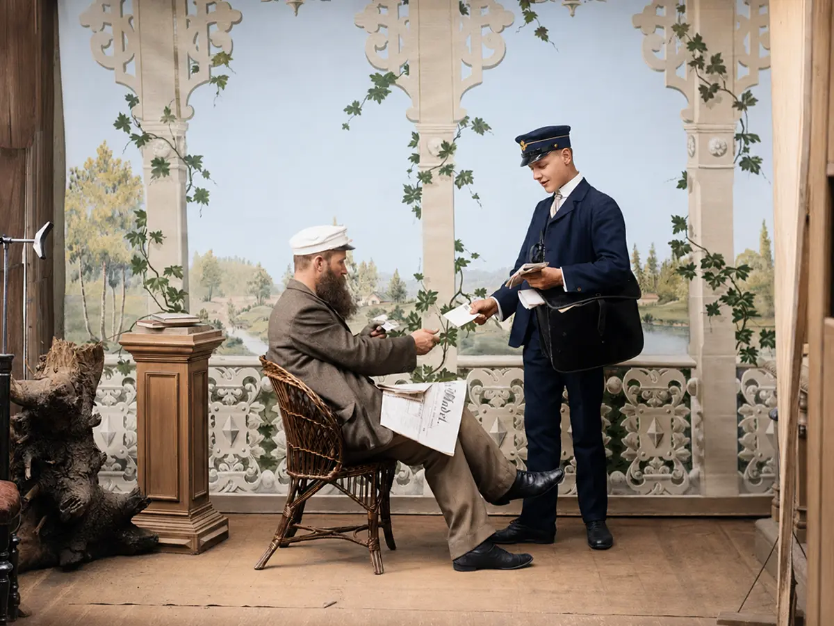 Colorized historical photograph of a Swedish postman delivering mail, used to introduce the Tint of Time newsletter.