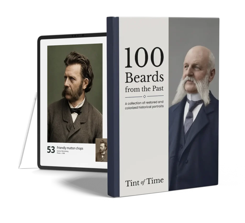 Cover of 100 Beards from the Past, a digital photo book by Tint of Time. The cover shows a restored and colorized historical portrait of a bald man with large white sideburns and a moustache, wearing a dark suit against a grey background.