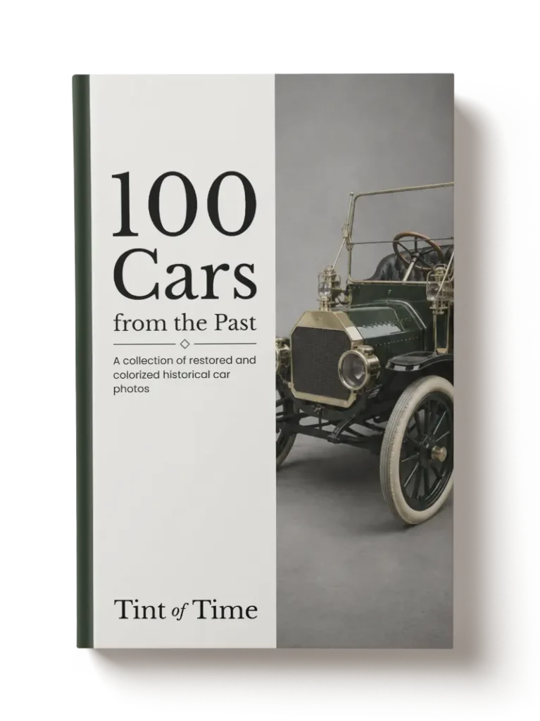 Cover of the book 100 Cars from the Past, featuring a vintage green car on the cover and the subtitle "A collection of restored and colorized historical car photos."