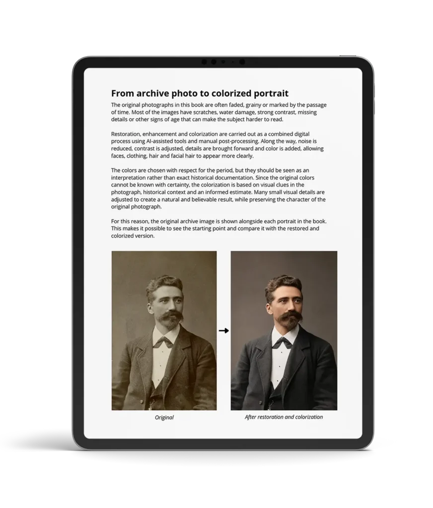 Before and after page from the book "100 Beards from the Past" showing an archive photo restored and colorized into a historical portrait.