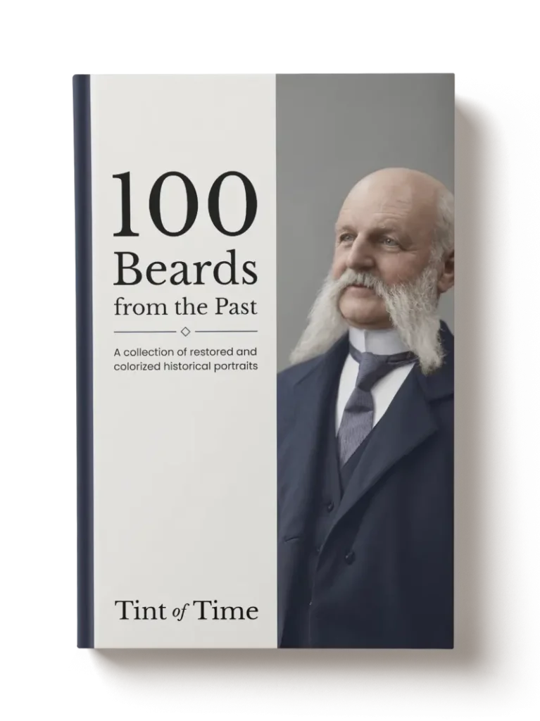 Mockup of the digital book 100 Beards from the Past, featuring a restored and colorized historical portrait of a man with a large white beard.