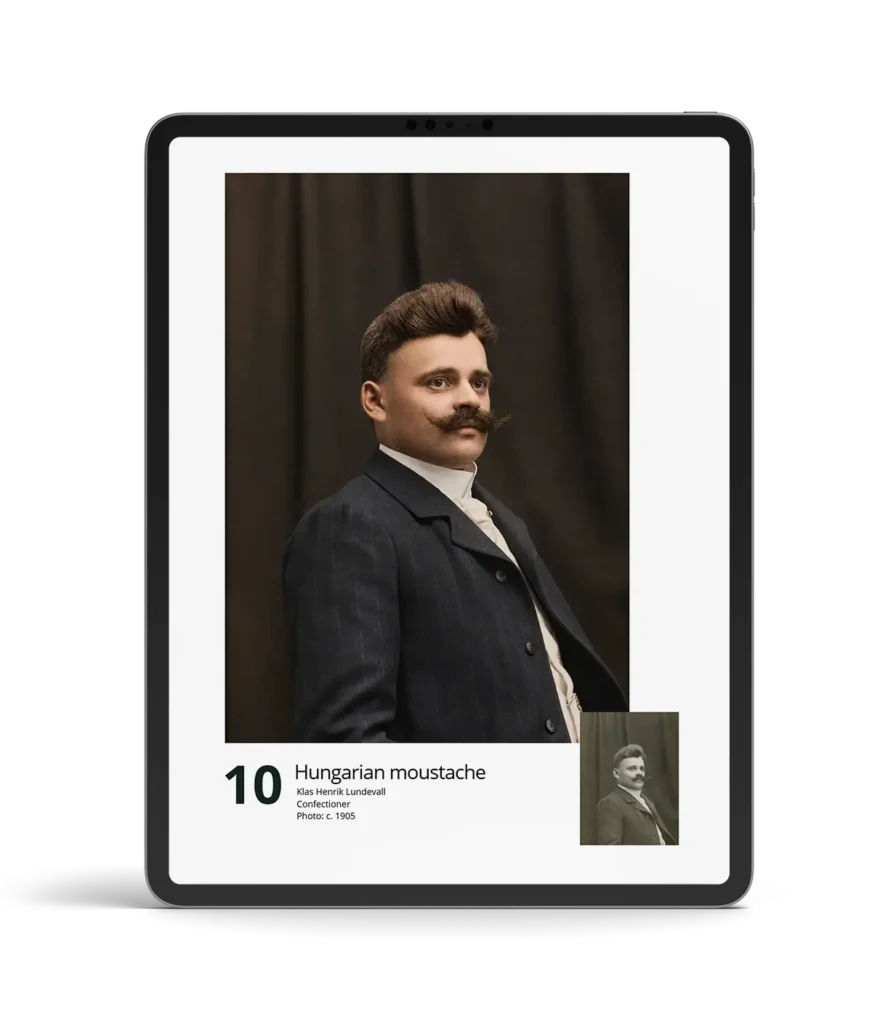Restored and colorized historical portrait of Klas Henrik Lundevall with a Hungarian moustache from the book100 Beards from the Past.