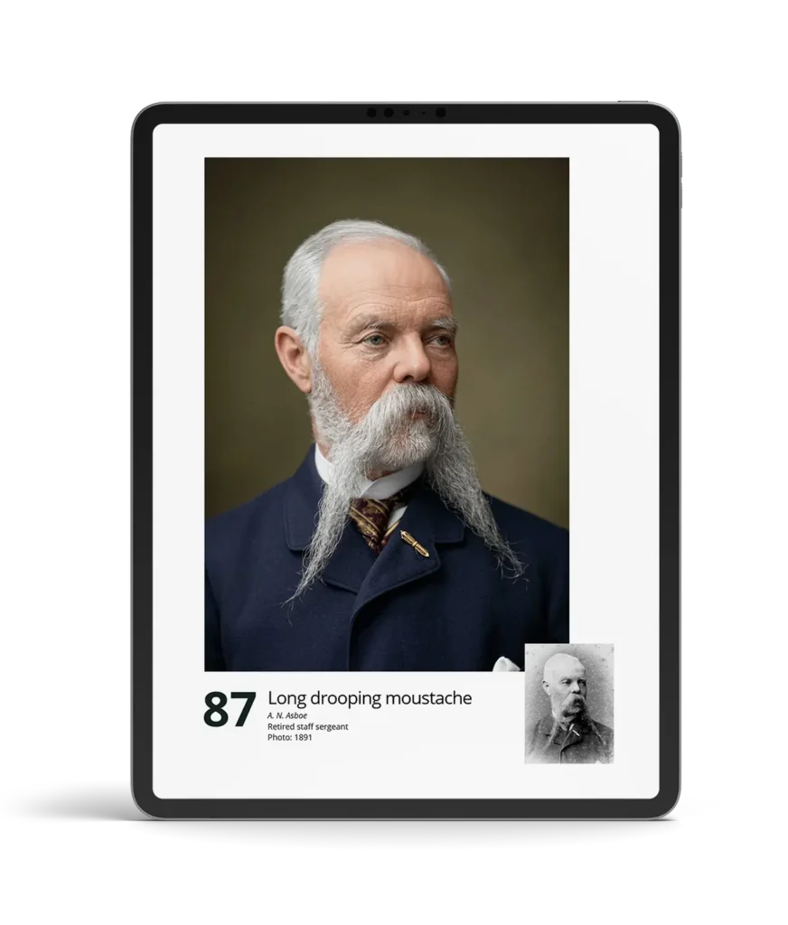 Restored and colorized historical portrait of A. N. Asboe with a long drooping moustache from 100 Beards from the Past.