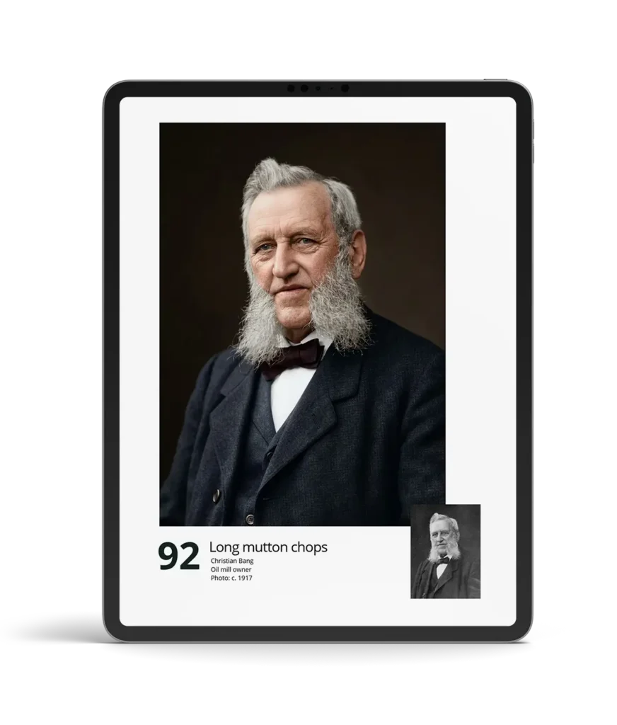 Restored and colorized historical beard portrait of Christian Bang with long mutton chops from the book 100 Beards from the Past.